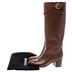 Chanel Brown Leather Cap Toe Block Heel High Boots Size 39