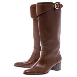 Chanel Brown Leather Cap Toe Block Heel High Boots Size 39