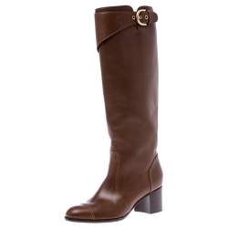 Chanel Brown Leather Cap Toe Block Heel High Boots Size 39