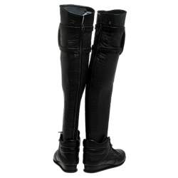 مملوكة مسبقًا حذاء بوت ركبه شانيل جلد مبطن أسود مقاس 37.5