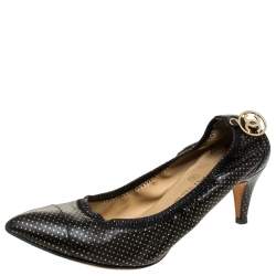 Pre Owned حذاء كعب عالي شانيل مجعد  CC جلد تنقيط بولكا ذهبي/ أسود مقاس 38