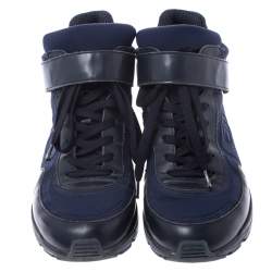 مملوكة مسبقًا Chanel Blue Nylon And Black Leather CC Logo Lace Up Sneakers Size 36.5