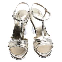 Chanel Light Gold Metallic Strappy Leather Open Toe Platform Clear Heel Sandals Size 39
