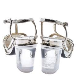 Chanel Light Gold Metallic Strappy Leather Open Toe Platform Clear Heel Sandals Size 39