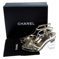 Chanel Light Gold Metallic Strappy Leather Open Toe Platform Clear Heel Sandals Size 39
