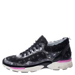 Pre Owned Chanel Black Tweed and Leather Lace Up Sneakers Size 39