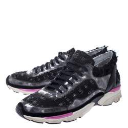 Pre Owned Chanel Black Tweed and Leather Lace Up Sneakers Size 39