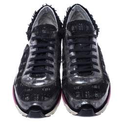 Pre Owned Chanel Black Tweed and Leather Lace Up Sneakers Size 39