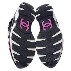 Pre Owned Chanel Black Tweed and Leather Lace Up Sneakers Size 39