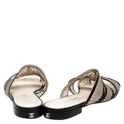 مملوكة مسبقًا Chanel Beige Mesh And Black Leather Trim Slide Flats Size 39