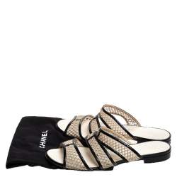 مملوكة مسبقًا Chanel Beige Mesh And Black Leather Trim Slide Flats Size 39