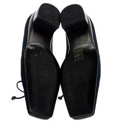 Pre Owned Chanel Blue Denim Fabric Trim Block Heel Bow Detail Pumps Size 38.5