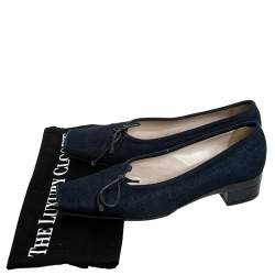 Pre Owned Chanel Blue Denim Fabric Trim Block Heel Bow Detail Pumps Size 38.5