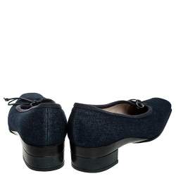 Pre Owned Chanel Blue Denim Fabric Trim Block Heel Bow Detail Pumps Size 38.5