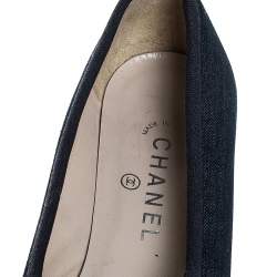 Pre Owned Chanel Blue Denim Fabric Trim Block Heel Bow Detail Pumps Size 38.5