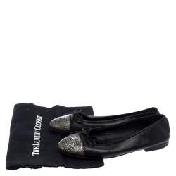 Pre Owned Chanel Black Leather Bow CC Cap Toe Ballet Flats Size 40