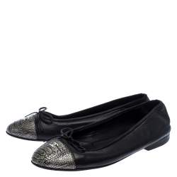 Pre Owned Chanel Black Leather Bow CC Cap Toe Ballet Flats Size 40