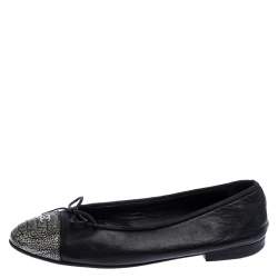 Pre Owned Chanel Black Leather Bow CC Cap Toe Ballet Flats Size 40