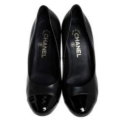 مملوكة مسبقًا Chanel Black Leather Cap Toe Pearl Embellished Heels Pumps Size 38