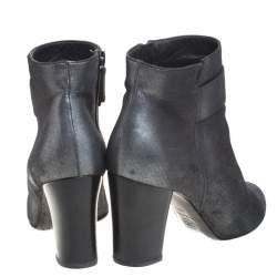 Chanel Metallic Black Nubuck CC Logo Block Heel Ankle Boots Size 38.5