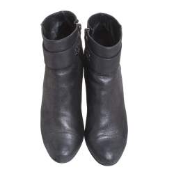 Chanel Metallic Black Nubuck CC Logo Block Heel Ankle Boots Size 38.5