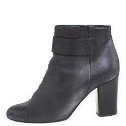 Chanel Metallic Black Nubuck CC Logo Block Heel Ankle Boots Size 38.5