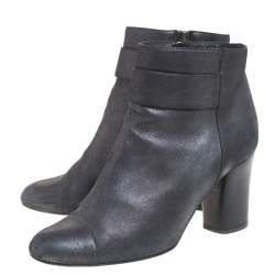 Chanel Metallic Black Nubuck CC Logo Block Heel Ankle Boots Size 38.5