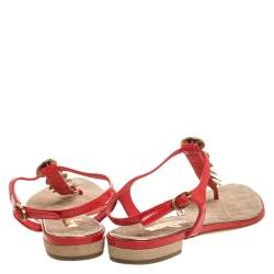 Chanel Red Patent Leather CC Coin Thong Strap Sandals Size 37.5