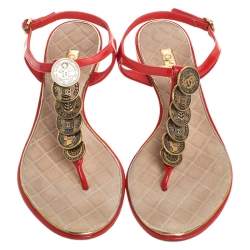 Chanel Red Patent Leather CC Coin Thong Strap Sandals Size 37.5