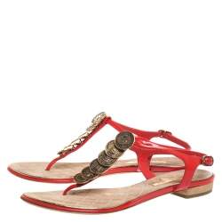 Chanel Red Patent Leather CC Coin Thong Strap Sandals Size 37.5