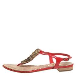Chanel Red Patent Leather CC Coin Thong Strap Sandals Size 37.5