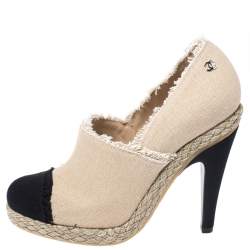 Chanel Beige/Black Canvas Cap Toe Espadrille Booties Size 38.5