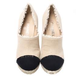 Chanel Beige/Black Canvas Cap Toe Espadrille Booties Size 38.5