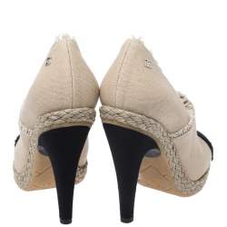 Chanel Beige/Black Canvas Cap Toe Espadrille Booties Size 38.5