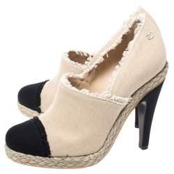 Chanel Beige/Black Canvas Cap Toe Espadrille Booties Size 38.5