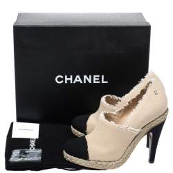Chanel Beige/Black Canvas Cap Toe Espadrille Booties Size 38.5