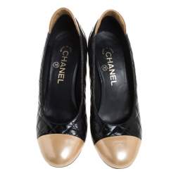 Pre Owned حذاء كعب عالي شانيل غطاء مقدمة جلد مبطن ذهبي/ أسود مقاس 37.5