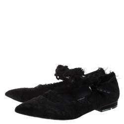 مملوكة مسبقًا حذاء فلات باليه شانيل Mary Jane مقدمة مدببة فيونكة دانتيل بيج/أسود مقاس 35.5