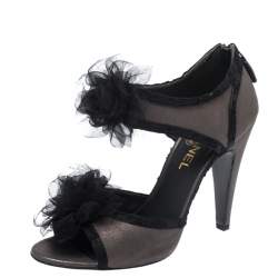 Pre Owned Chanel Grey/Black Nubuck And Satin Tulle Camellia Open Toe Sandals Size 39