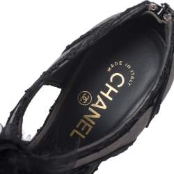 Pre Owned Chanel Grey/Black Nubuck And Satin Tulle Camellia Open Toe Sandals Size 39
