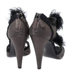 Pre Owned Chanel Grey/Black Nubuck And Satin Tulle Camellia Open Toe Sandals Size 39