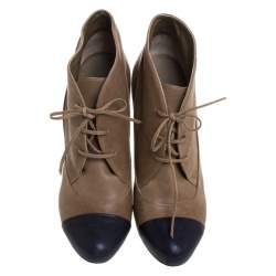 Chanel Beige/Navy Blue Leather Cap Toe Lace Up Platform Ankle Boots Size 40
