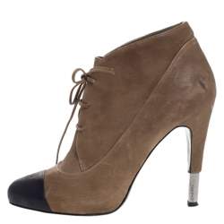 Chanel Beige/Navy Blue Leather Cap Toe Lace Up Platform Ankle Boots Size 40
