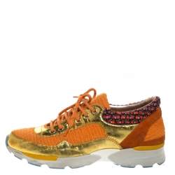 Chanel Multicolor Tweed, Suede and Metallic Leather Lace Up Sneakers Size 37