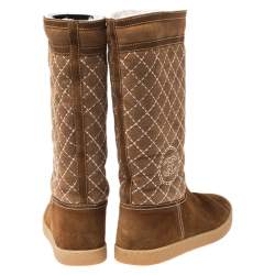 Chanel Brown Quilted Suede Mid Calf Boots Size 40.5