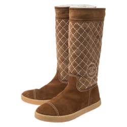 Chanel Brown Quilted Suede Mid Calf Boots Size 40.5