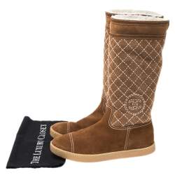 Chanel Brown Quilted Suede Mid Calf Boots Size 40.5
