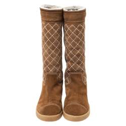 Chanel Brown Quilted Suede Mid Calf Boots Size 40.5