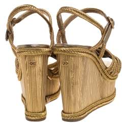 Chanel Metallic Gold Woven Thread Wedge Platform Sandals Size 37.5