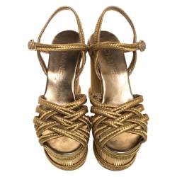 Chanel Metallic Gold Woven Thread Wedge Platform Sandals Size 37.5